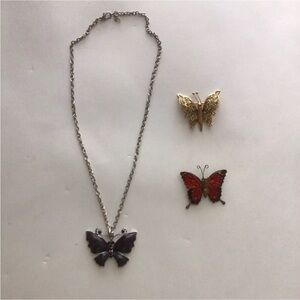Vintage Butterfly Brooch & Necklace Gold Red Black Lot Of 3 Women’s Jewelry